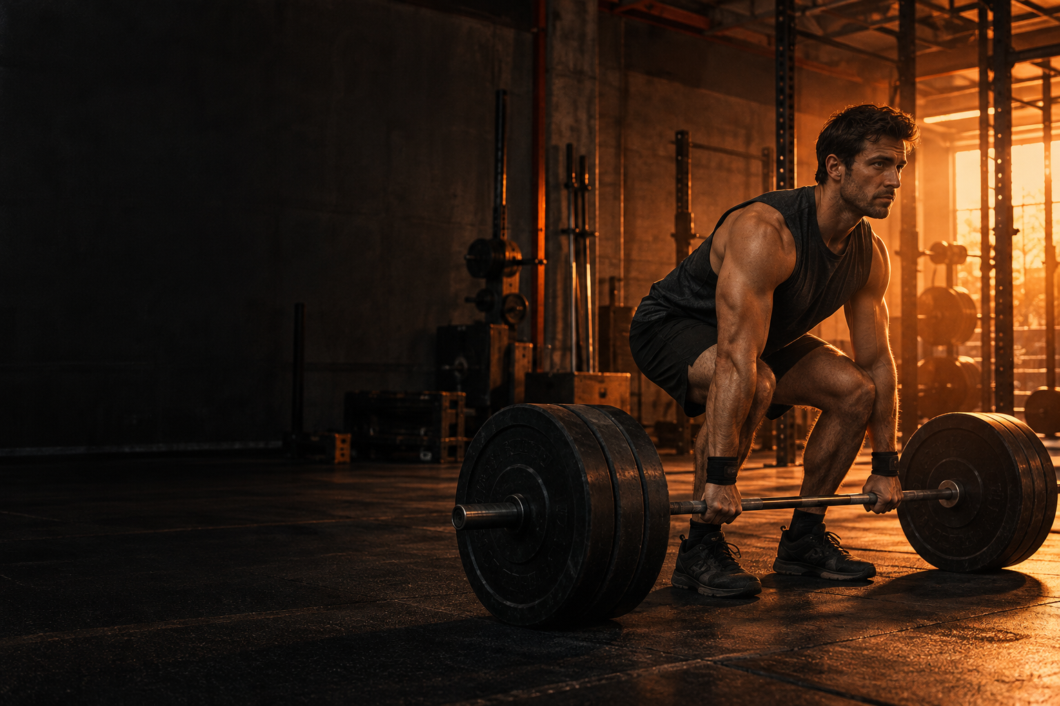 Athlete preparing a barbell lift in a warm-lit strength gym
